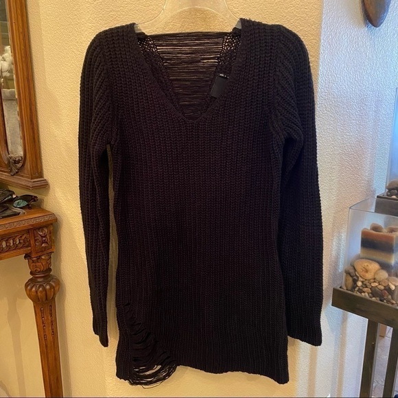 Sweaters - ARO Women Black Distressed Effect Knit Sweater Size Small
